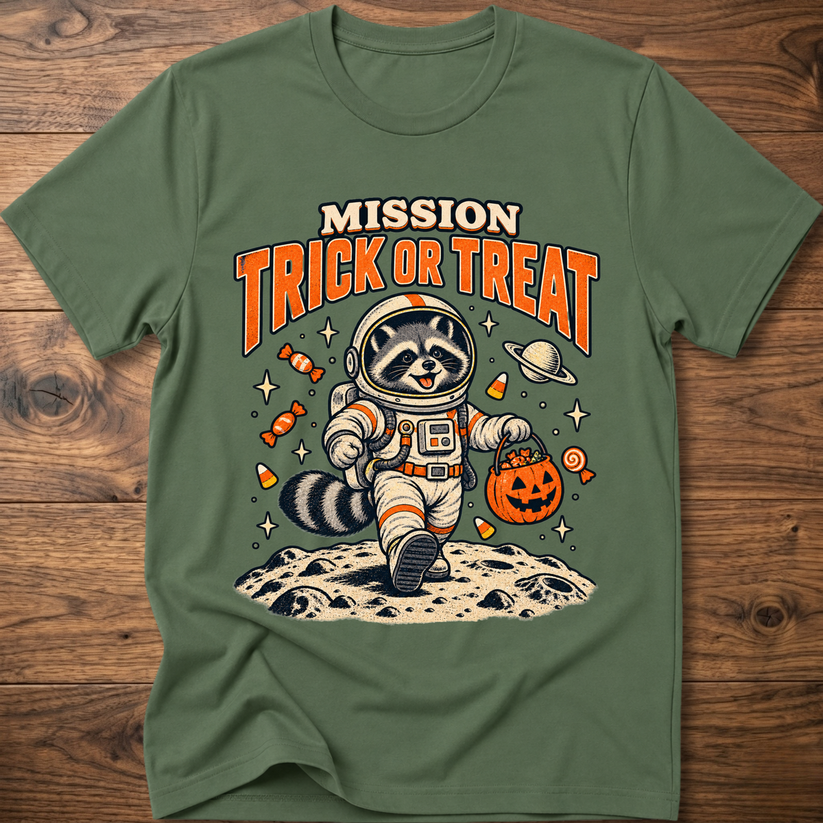 Military green T-shirt with astronaut raccoon “MISSION TRICK OR TREAT” graphic
