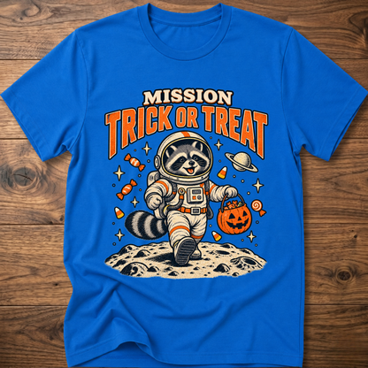 Royal blue T-shirt with astronaut raccoon “MISSION TRICK OR TREAT” graphic