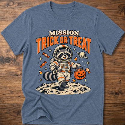 Heather blue T-shirt with astronaut raccoon “MISSION TRICK OR TREAT” graphic