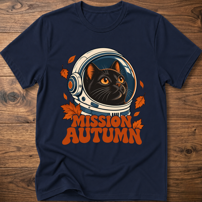 Navy cat astronaut graphic t-shirt with “Mission Autumn” text and fall leaf accents