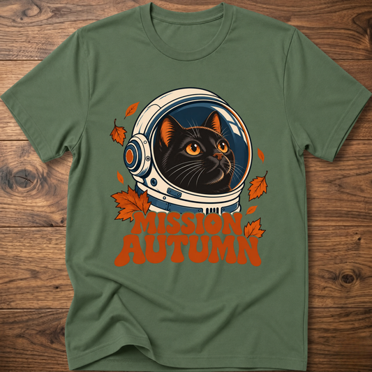 Military green cat astronaut graphic t-shirt with “Mission Autumn” text and leaves