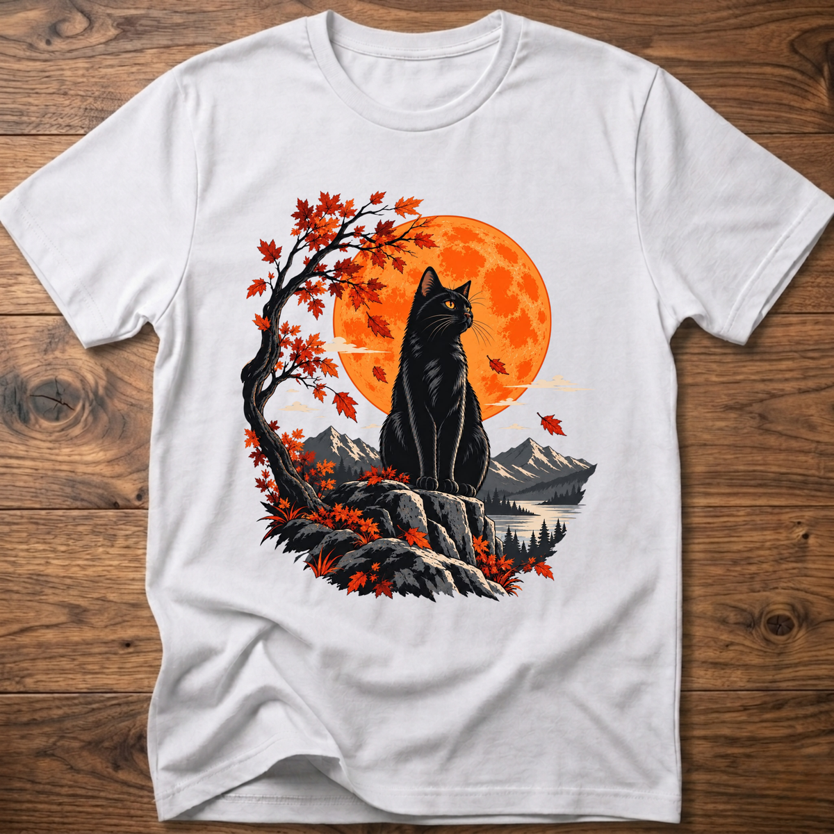 Cat autumn moon T-shirt, white, black cat with orange moon and fall forest graphic