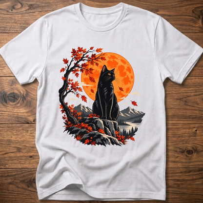 Cat autumn moon T-shirt, white, black cat with orange moon and fall forest graphic