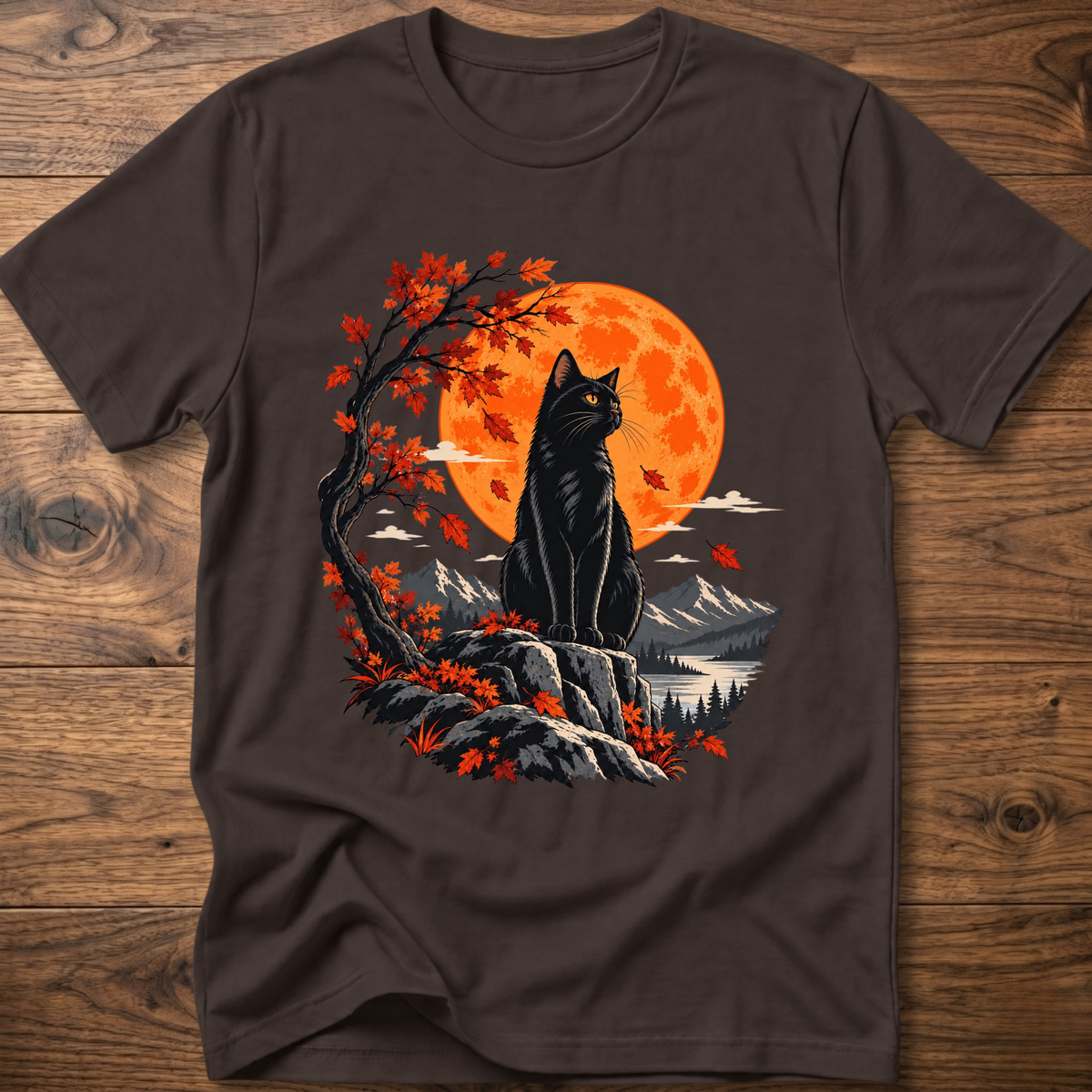 Cat autumn moon T-shirt, dark chocolate, black cat with orange moon and fall forest graphic