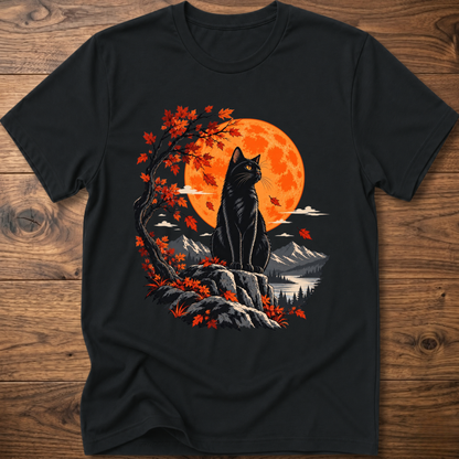 Cat autumn moon T-shirt, black, black cat with orange moon and fall forest graphic