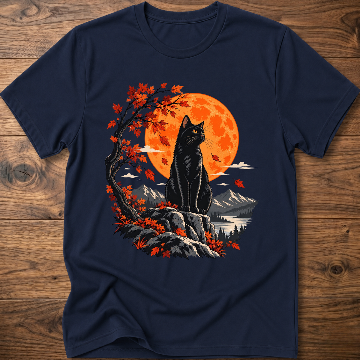 Cat autumn moon T-shirt, navy, black cat with orange moon and fall forest graphic