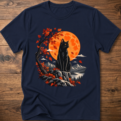 Cat autumn moon T-shirt, navy, black cat with orange moon and fall forest graphic