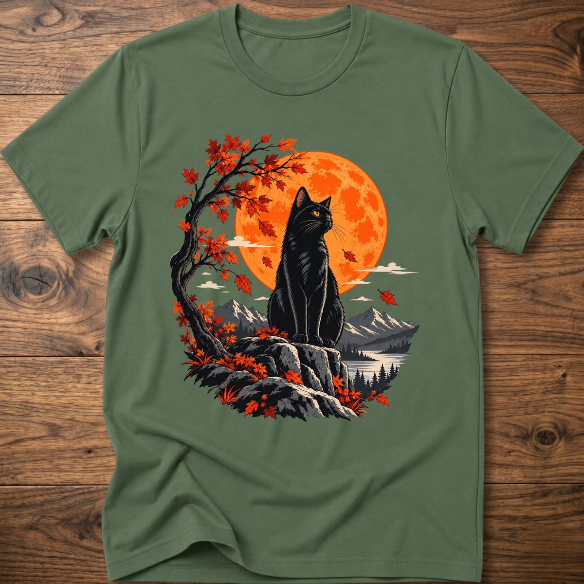 Cat autumn moon T-shirt, military green, black cat with orange moon and fall forest graphic