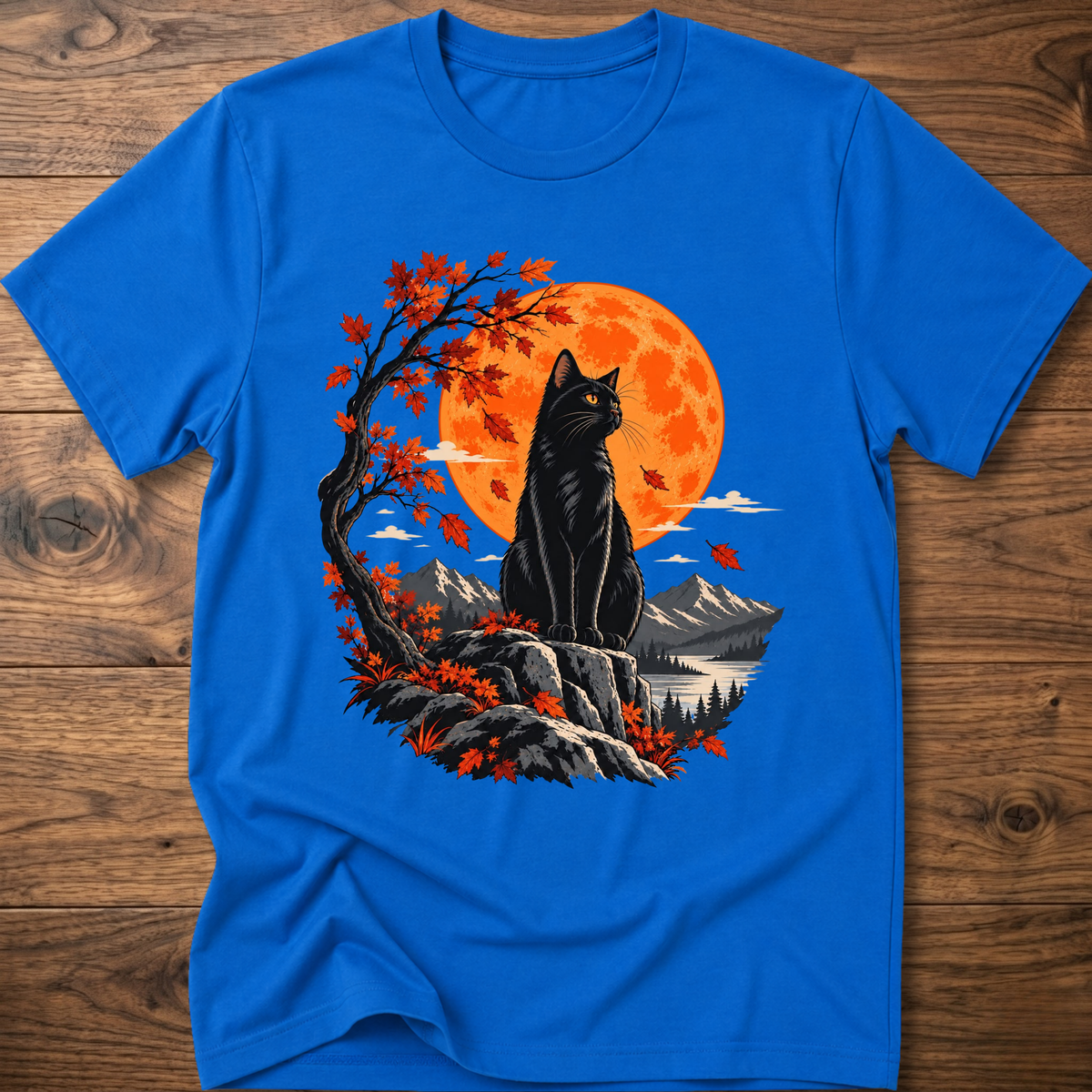 Cat autumn moon T-shirt, royal blue, black cat with orange moon and fall forest graphic