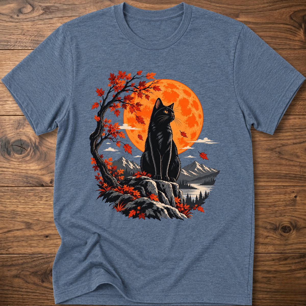Cat autumn moon T-shirt, heather indigo, black cat with orange moon and fall forest graphic