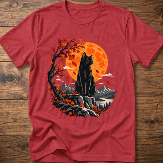 Cat autumn moon T-shirt, heather red, black cat with orange moon and fall forest graphic