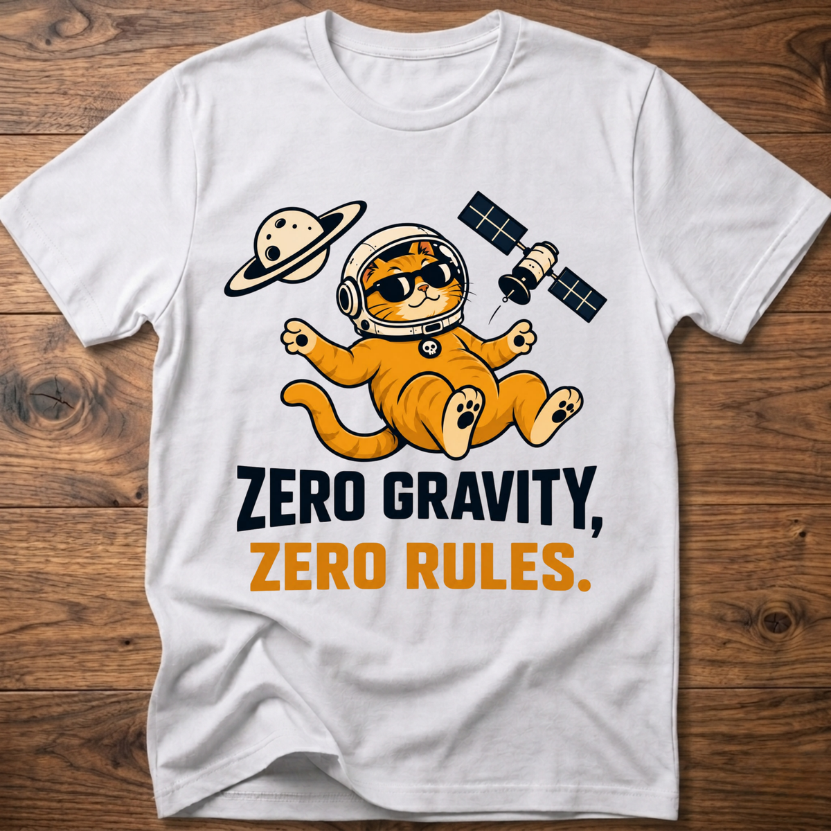 White crew-neck cat astronaut T-shirt with “Zero Gravity, Zero Rules” graphic.