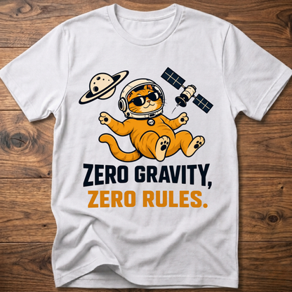 White crew-neck cat astronaut T-shirt with “Zero Gravity, Zero Rules” graphic.