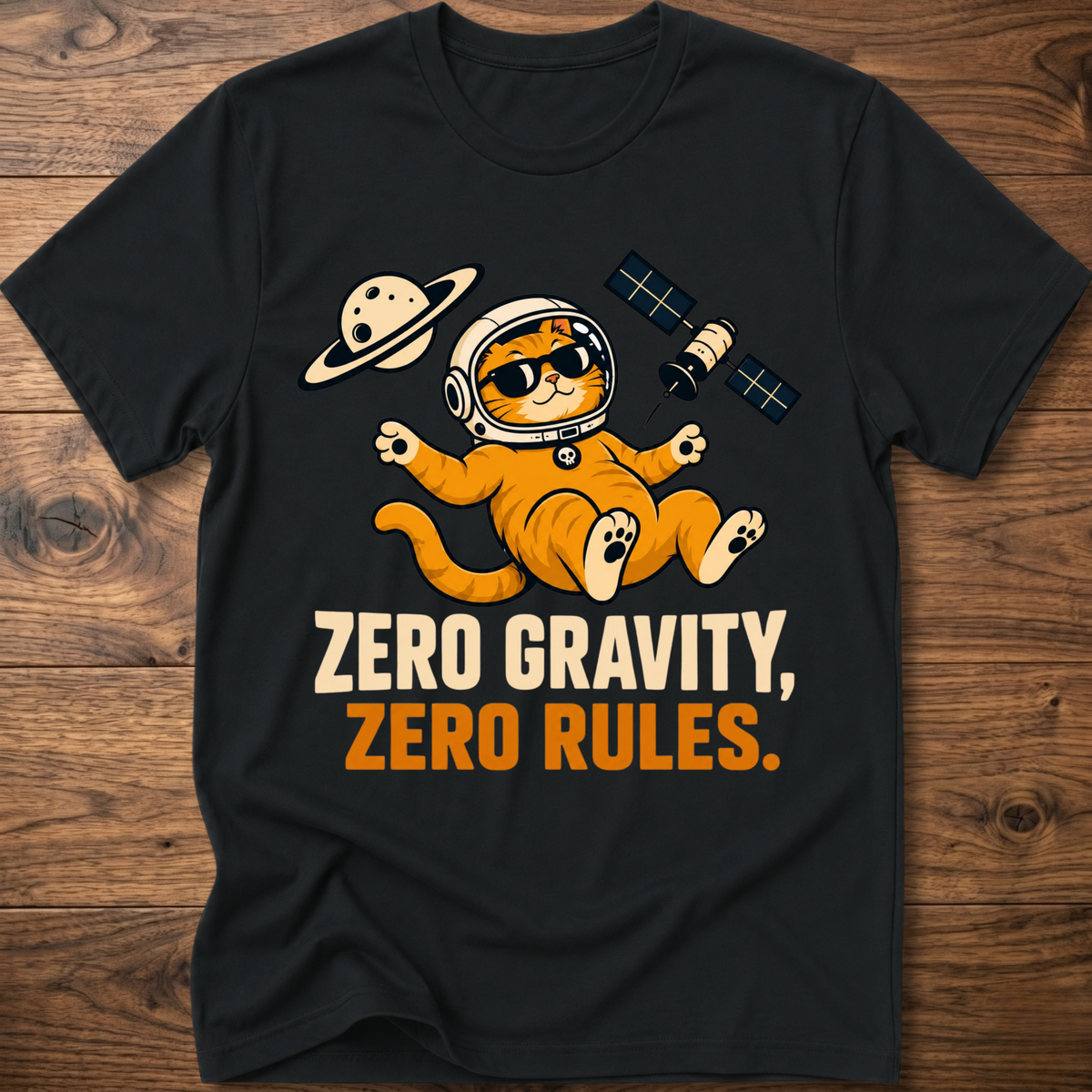 Black crew-neck cat astronaut T-shirt with “Zero Gravity, Zero Rules” graphic.