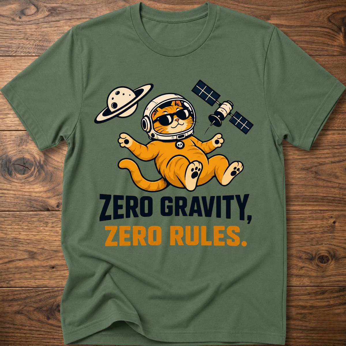 Military green crew-neck cat astronaut T-shirt with “Zero Gravity, Zero Rules” graphic.
