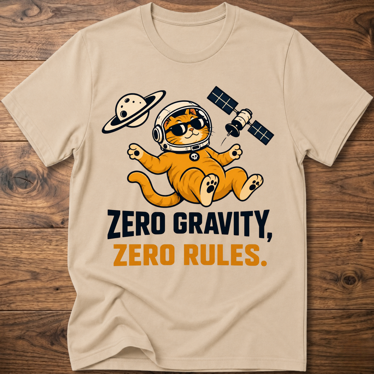 Sand crew-neck cat astronaut T-shirt with “Zero Gravity, Zero Rules” graphic.