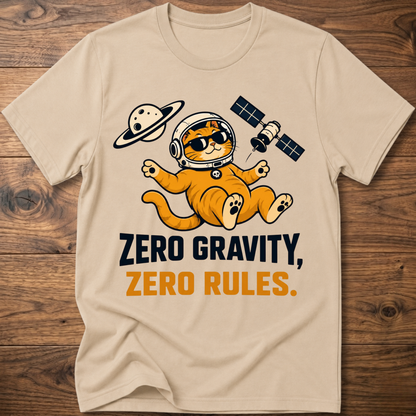 Sand crew-neck cat astronaut T-shirt with “Zero Gravity, Zero Rules” graphic.