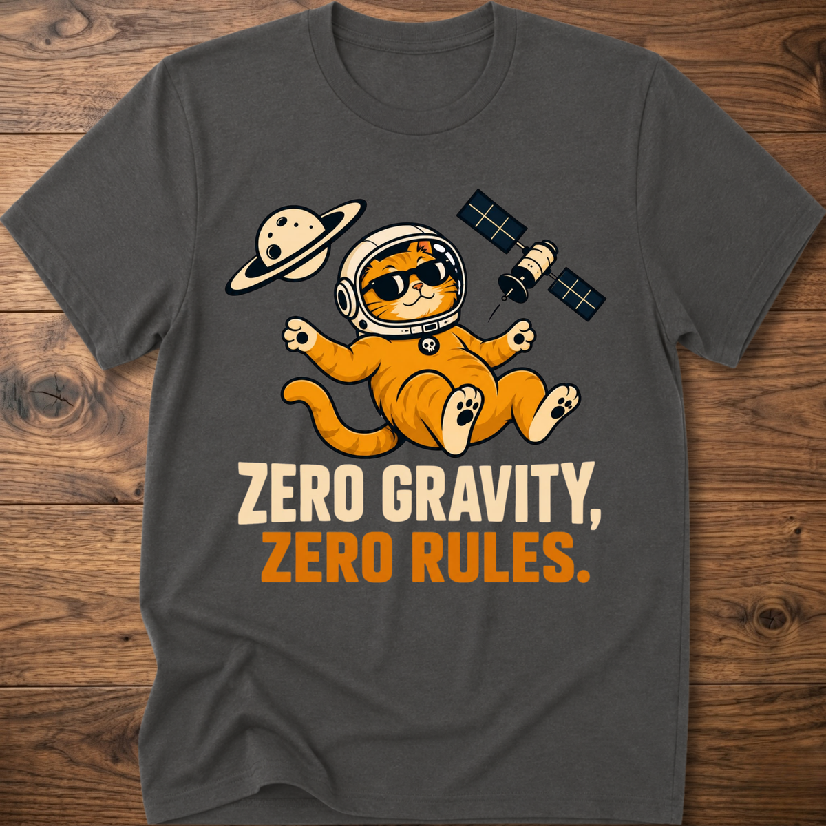 Charcoal crew-neck cat astronaut T-shirt with “Zero Gravity, Zero Rules” graphic.