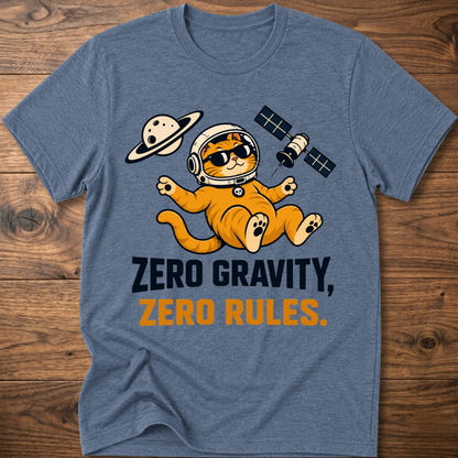Heather indigo crew-neck cat astronaut T-shirt with “Zero Gravity, Zero Rules” graphic.