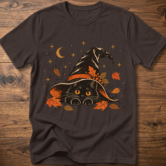 Dark brown cat-in-hat graphic t-shirt with moon stars and autumn leaves