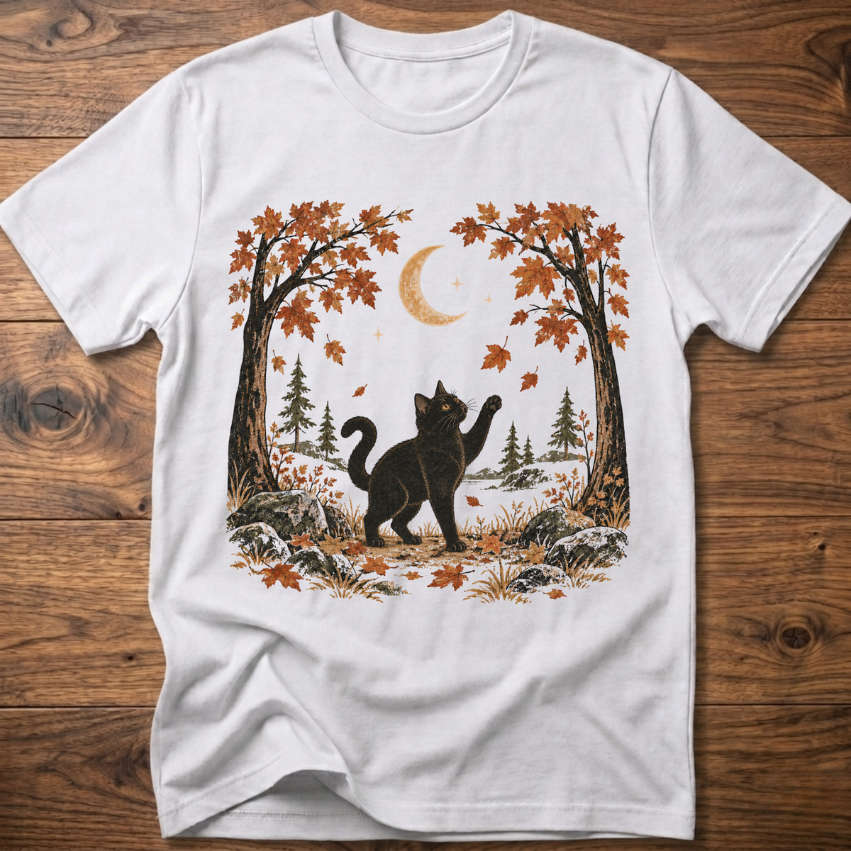 White crewneck cat graphic t-shirt with autumn leaves, moon, and forest scene print