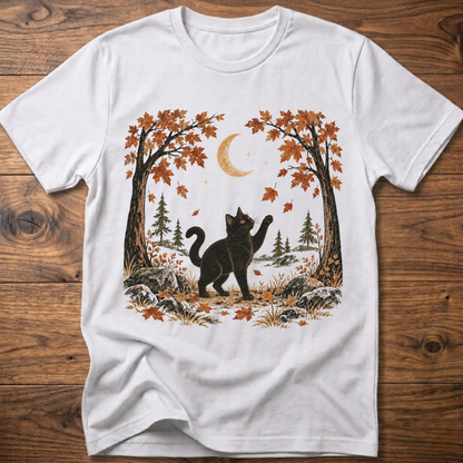 White crewneck cat graphic t-shirt with autumn leaves, moon, and forest scene print