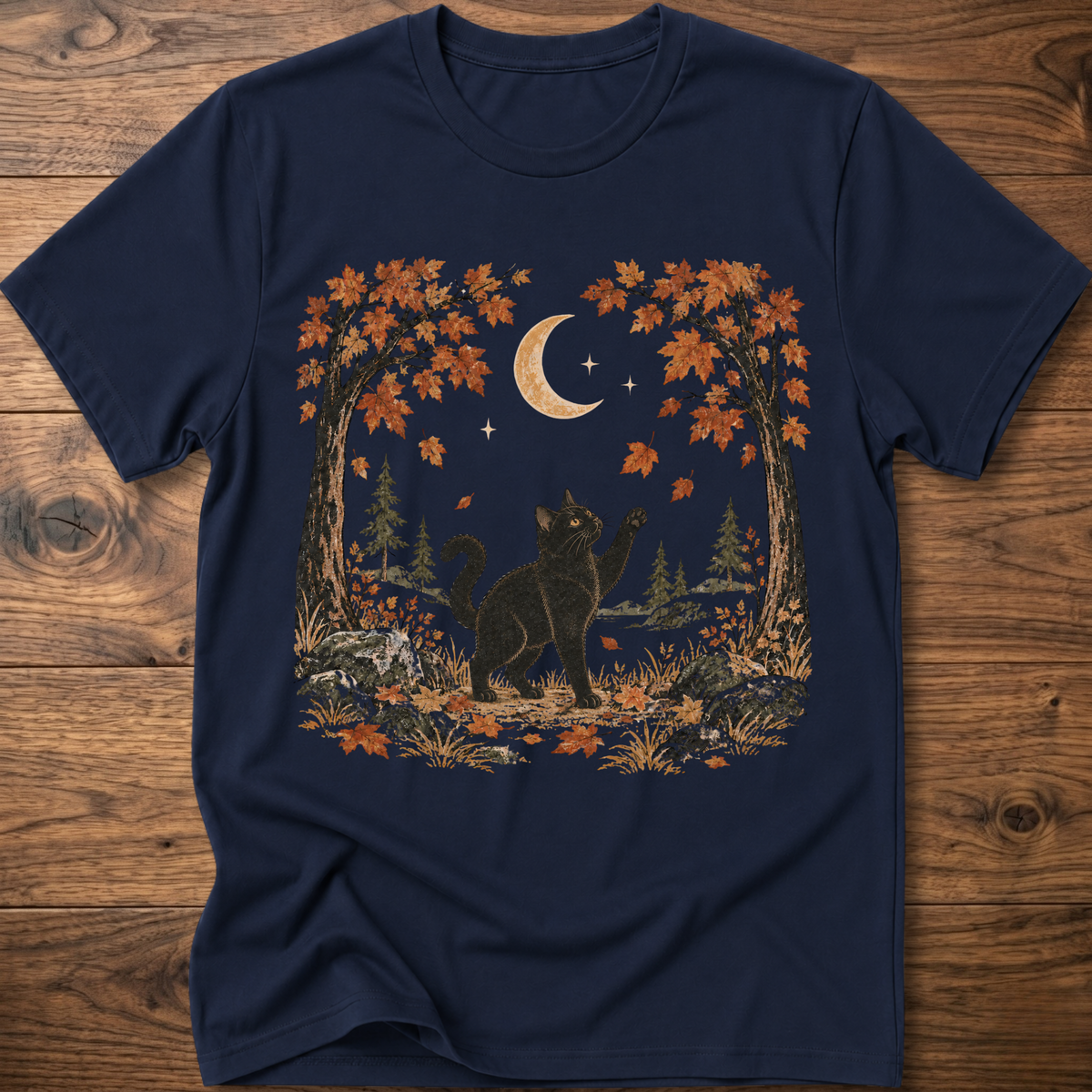 Navy crewneck cat graphic t-shirt with autumn leaves, moon, and forest scene print