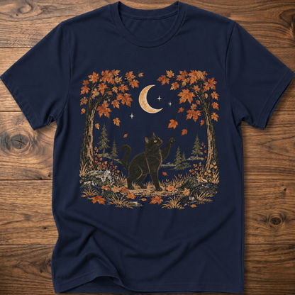 Navy crewneck cat graphic t-shirt with autumn leaves, moon, and forest scene print