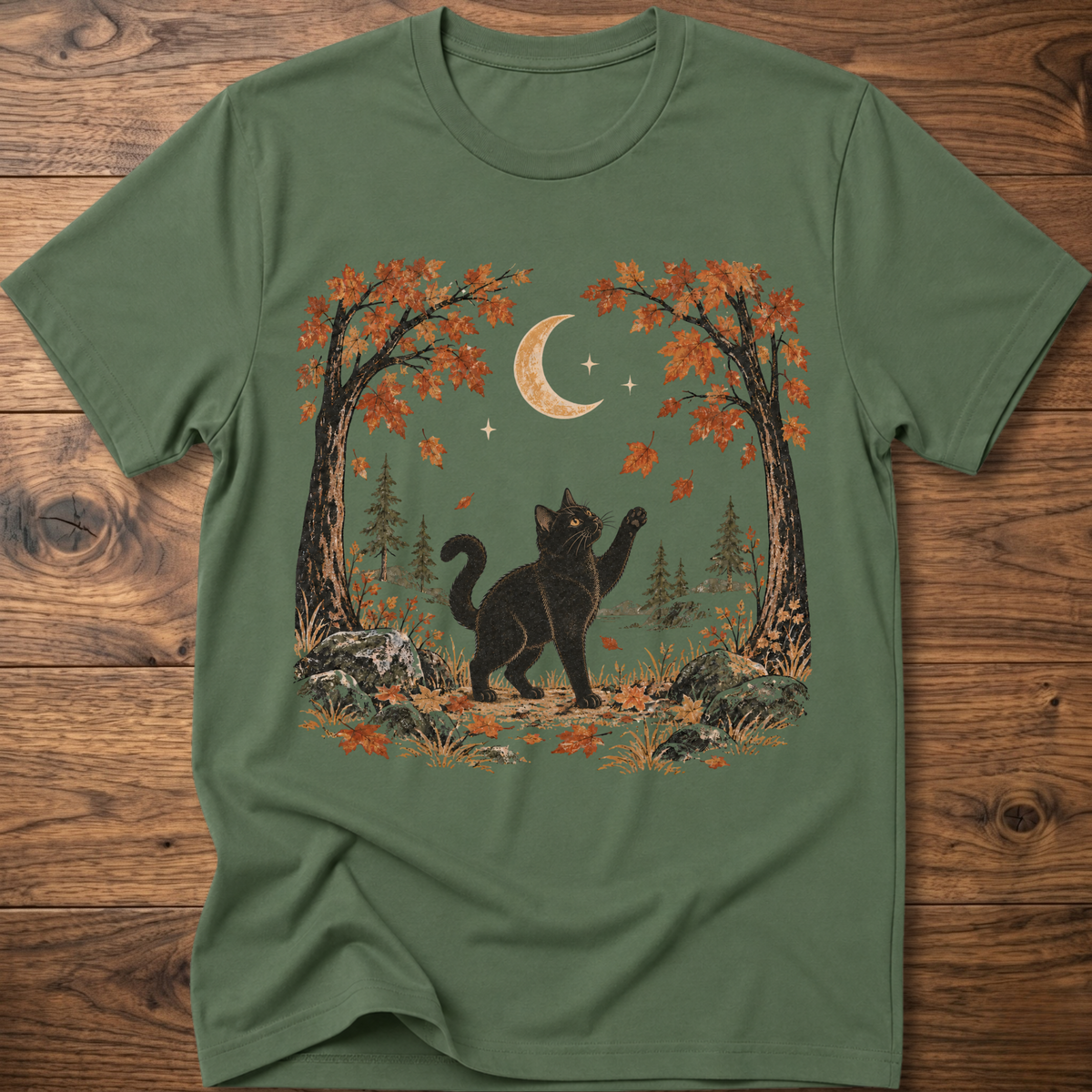 Military green crewneck cat graphic t-shirt with autumn leaves, moon, and forest scene print