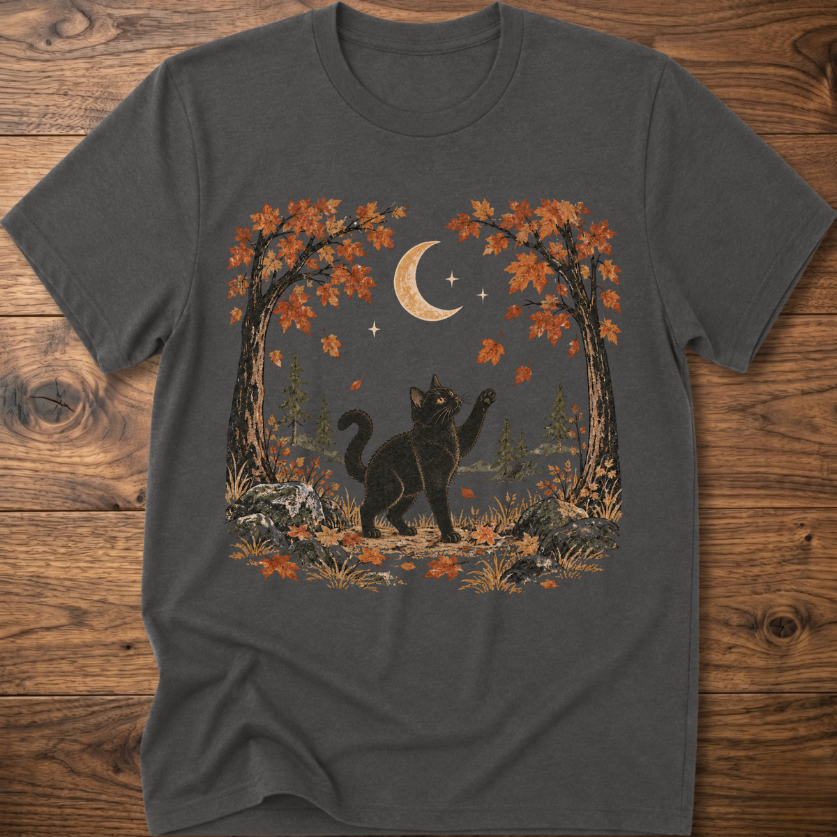 Charcoal gray crewneck cat graphic t-shirt with autumn leaves, moon, and forest scene print