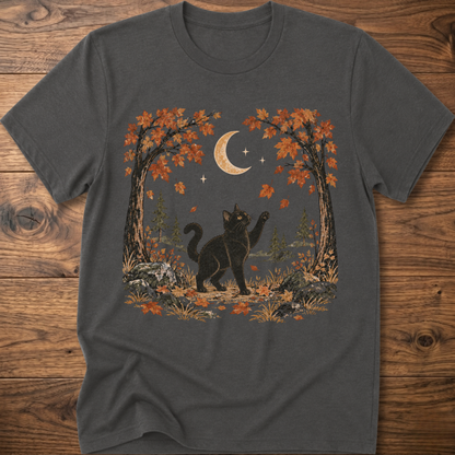Charcoal gray crewneck cat graphic t-shirt with autumn leaves, moon, and forest scene print