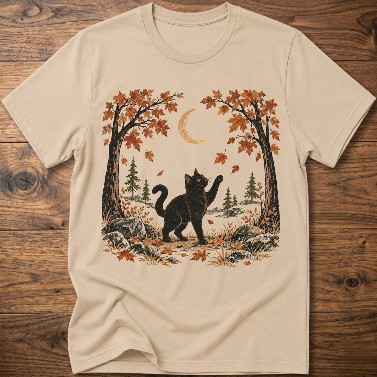 Sand crewneck cat graphic t-shirt with autumn leaves, moon, and forest scene print