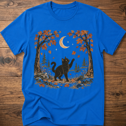Royal blue crewneck cat graphic t-shirt with autumn leaves, moon, and forest scene print