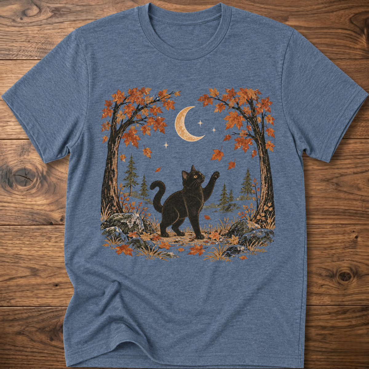 Heather indigo crewneck cat graphic t-shirt with autumn leaves, moon, and forest scene print