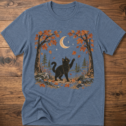 Heather indigo crewneck cat graphic t-shirt with autumn leaves, moon, and forest scene print