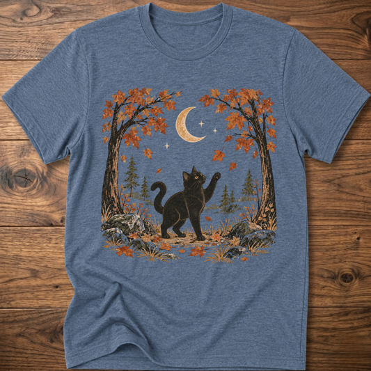Heather indigo crewneck cat graphic t-shirt with autumn leaves, moon, and forest scene print