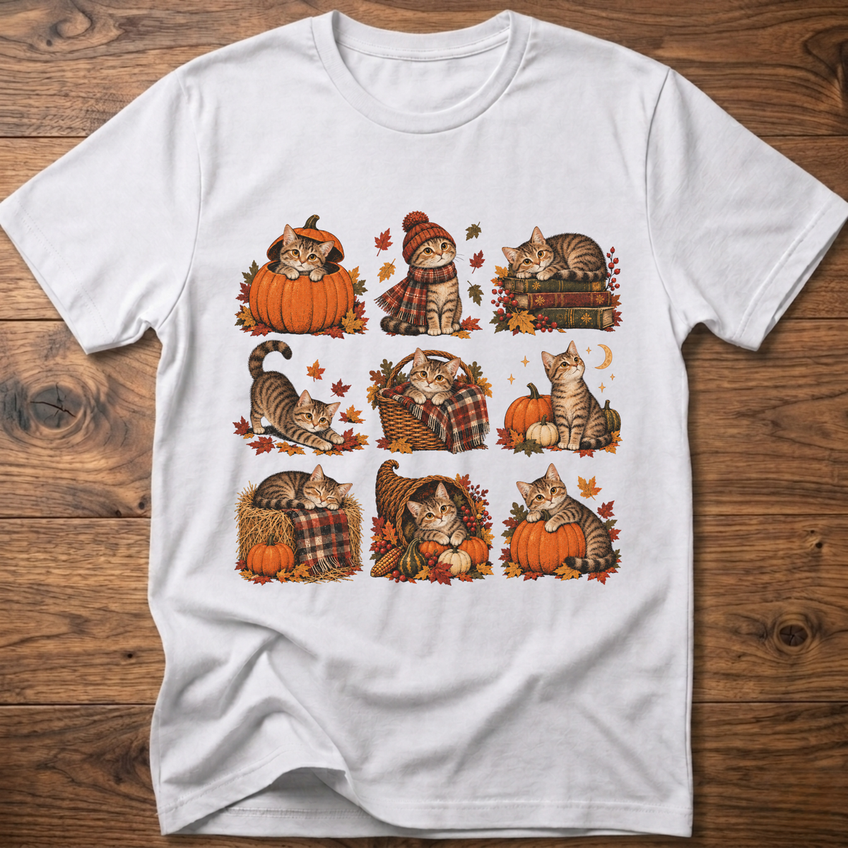 White cats T-shirt with fall pumpkin, plaid, and striped cat artwork