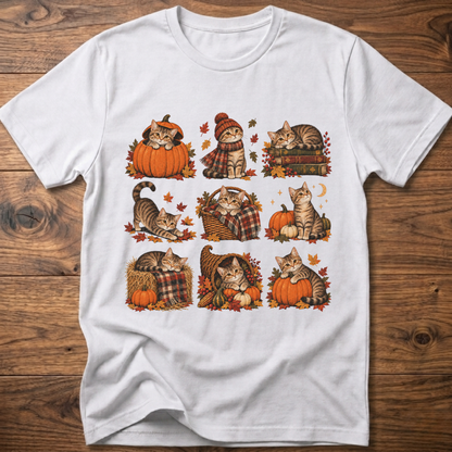 White cats T-shirt with fall pumpkin, plaid, and striped cat artwork