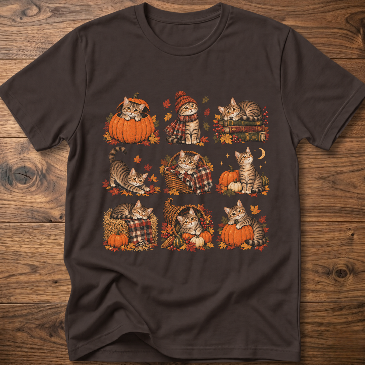Navy cats T-shirt with fall pumpkin, plaid, and striped cat artwork