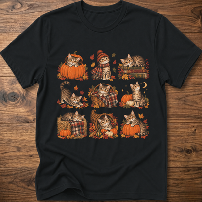 Black cats T-shirt with fall pumpkin, plaid, and striped cat artwork