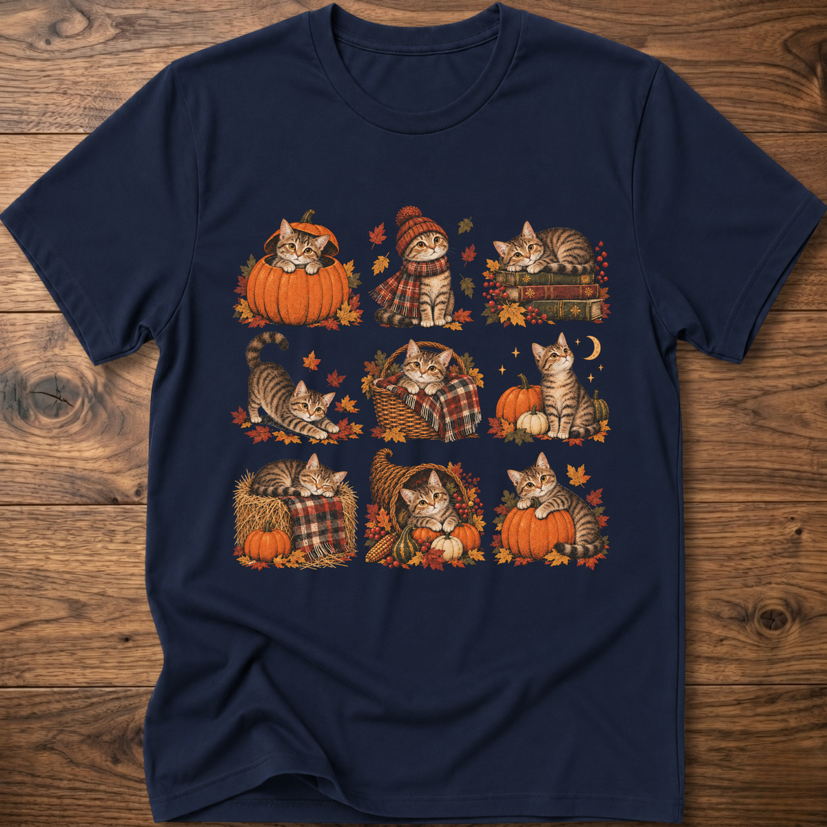 Navy blue cats T-shirt with fall pumpkin, plaid, and striped cat artwork