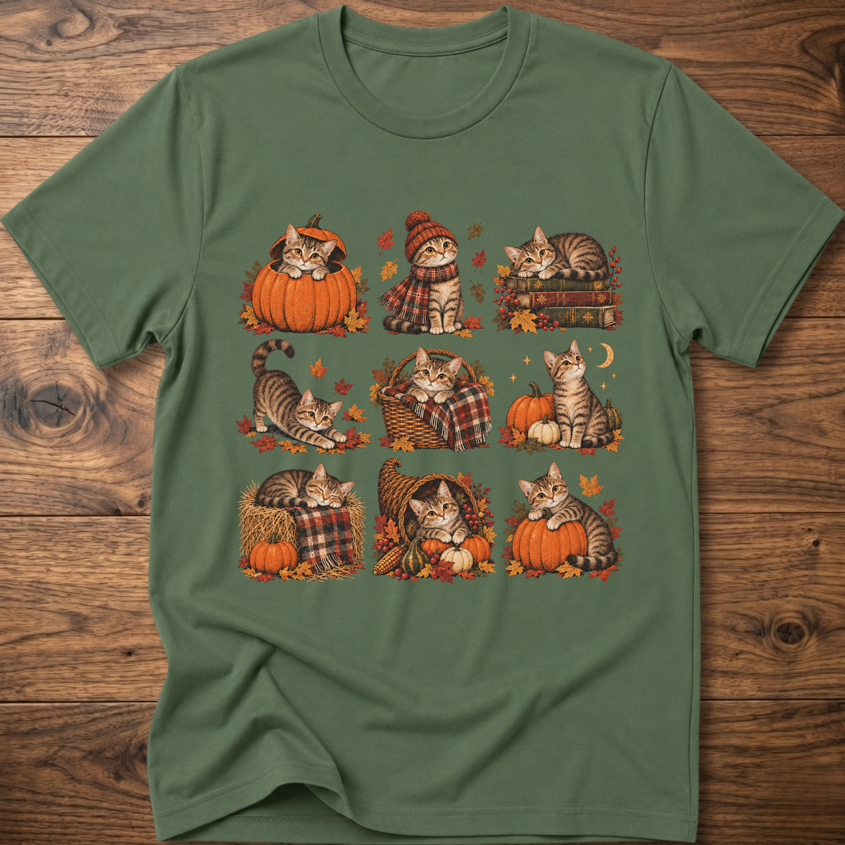 Military green cats T-shirt with fall pumpkin, plaid, and striped cat artwork