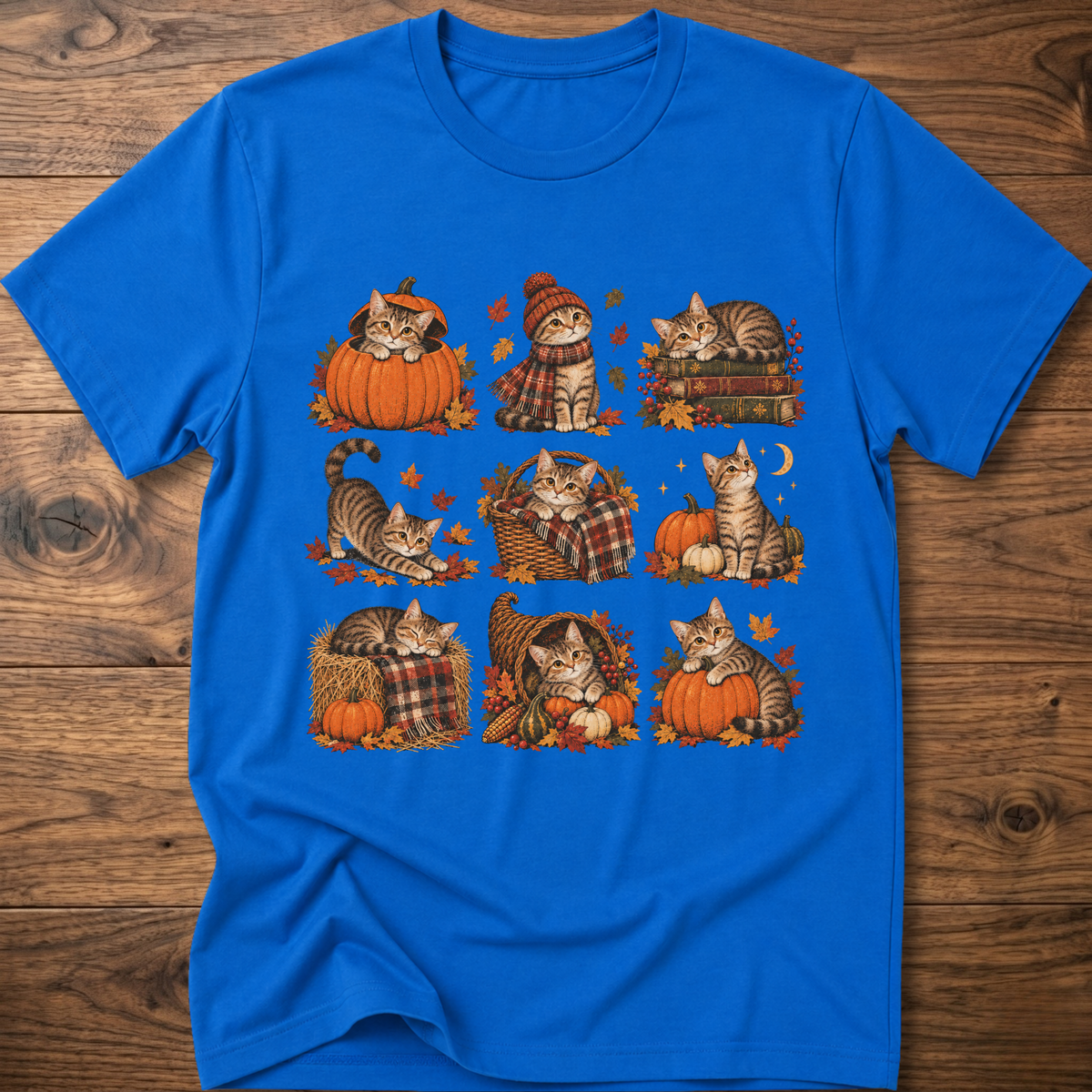 Royal blue cats T-shirt with fall pumpkin, plaid, and striped cat artwork
