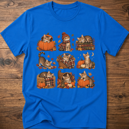 Royal blue cats T-shirt with fall pumpkin, plaid, and striped cat artwork