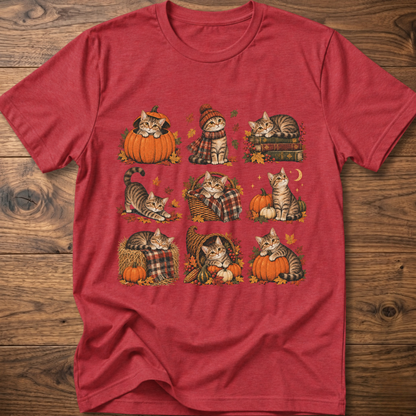 Red cats T-shirt with fall pumpkin, plaid, and striped cat artwork