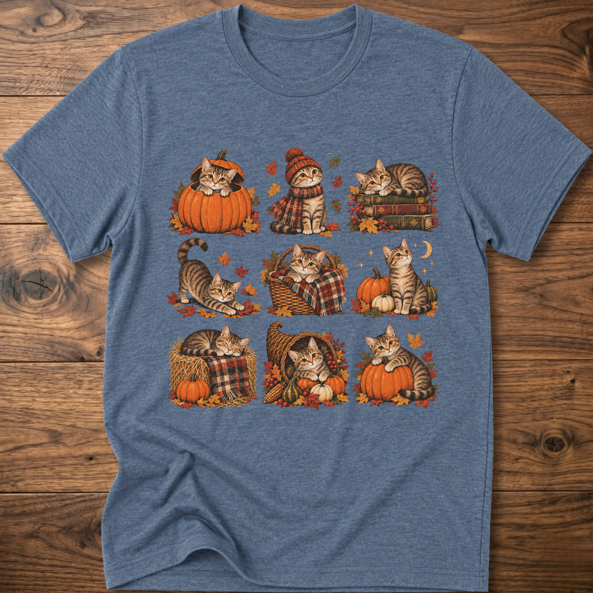 Heather blue cats T-shirt with fall pumpkin, plaid, and striped cat artwork