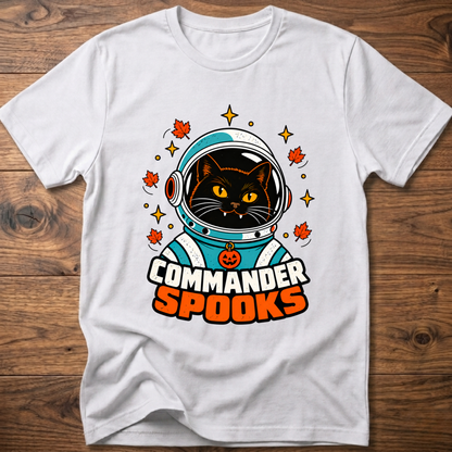 White crew-neck T-shirt with cat astronaut graphic and Halloween leaves.