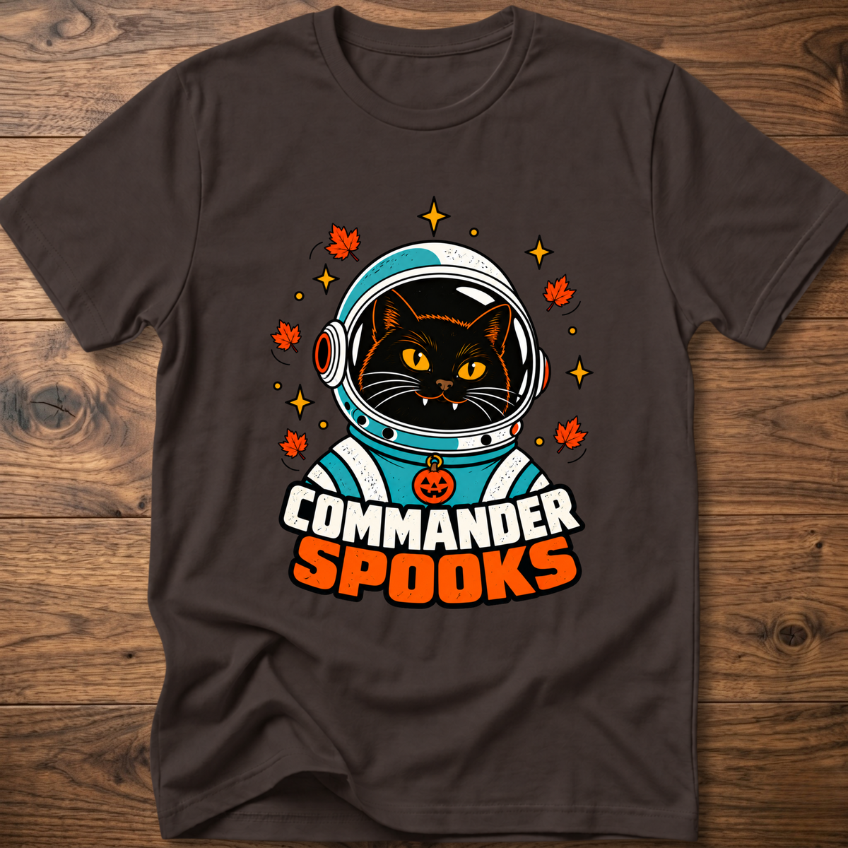 Black crew-neck T-shirt with cat astronaut graphic and Halloween leaves.