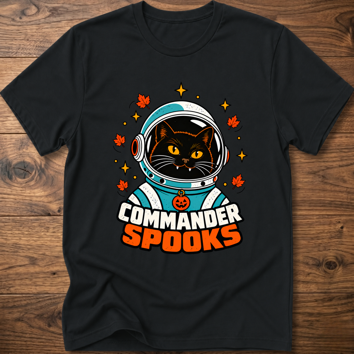 Black crew-neck T-shirt with cat astronaut graphic and Halloween leaves.