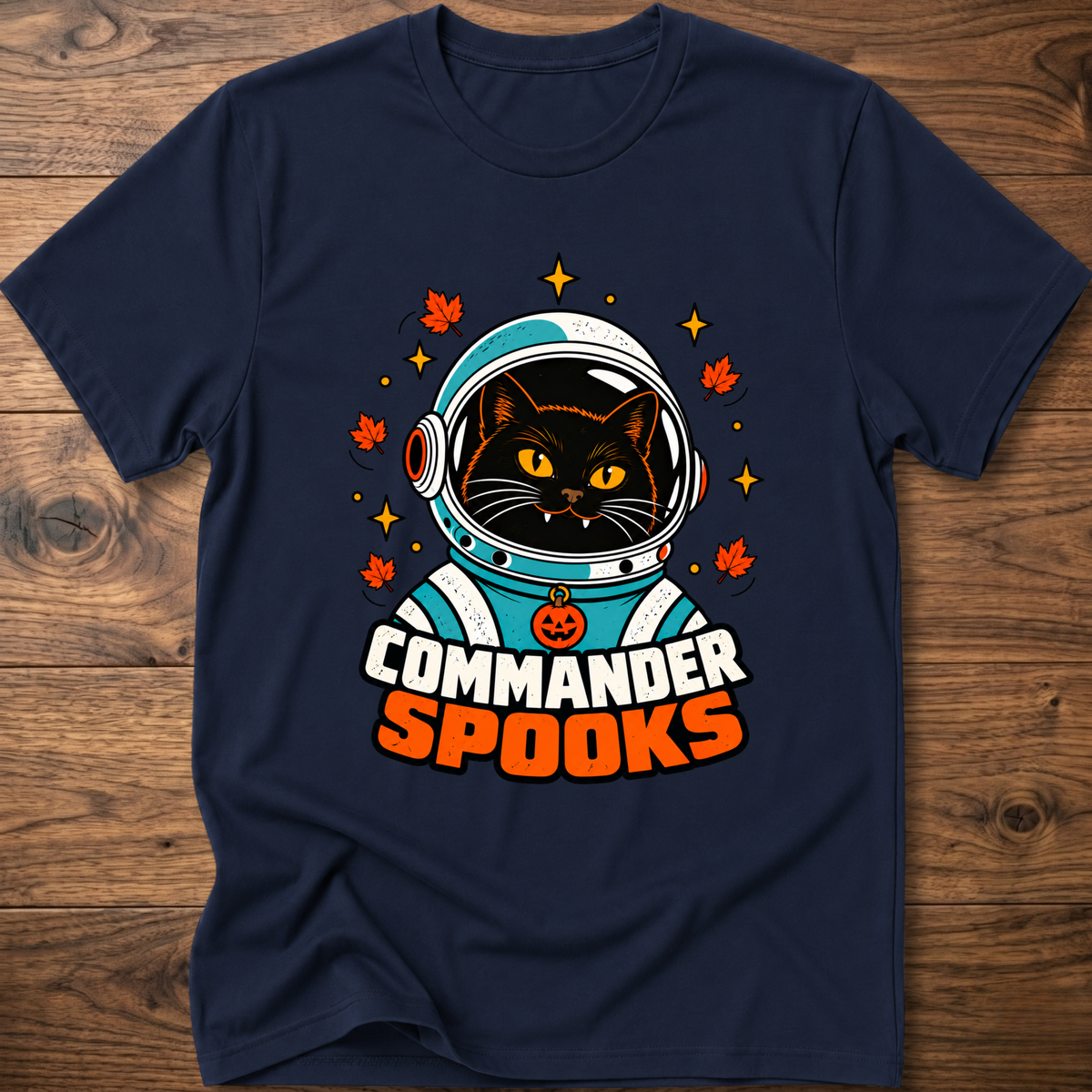 Dark navy crew-neck T-shirt with cat astronaut graphic and Halloween leaves.